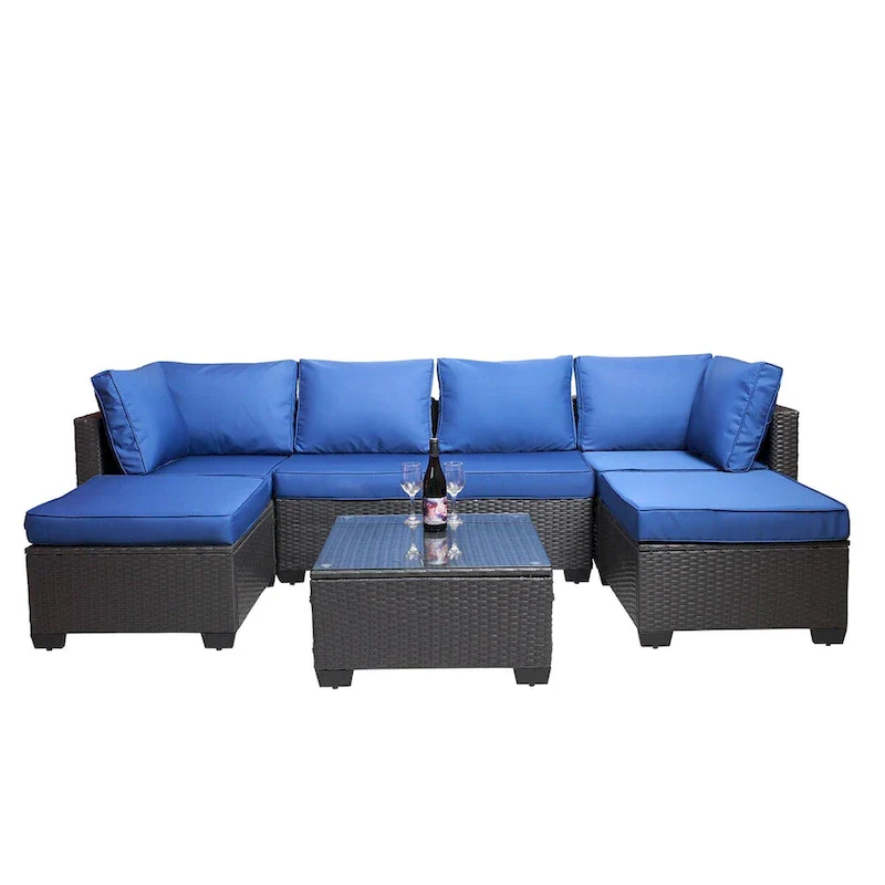 Black+Dark Blue 7-piece Outdoor Garden Patio Sofa Sets with Coffee Table, Rust-Resistant Metal Frame