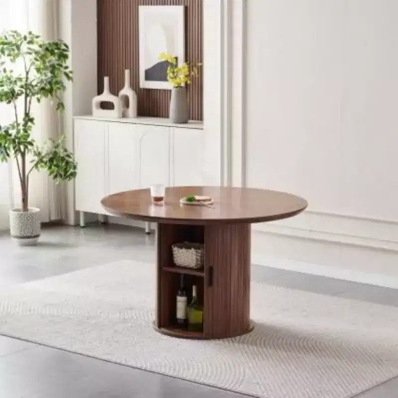 Round Dining Table with 2-Tier Storage Shelves, Wooden Table with Sliding Storage Doors, Large Storage Table for Kitchen & Living Room
