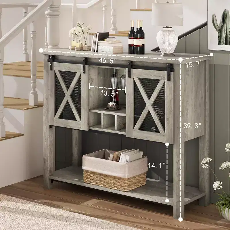 60 Farmhouse Coffee Bar & Wine Cabinet with Sliding Barn Doors - Rustic Sideboard with Built-in Wine Racks, Open Shelves