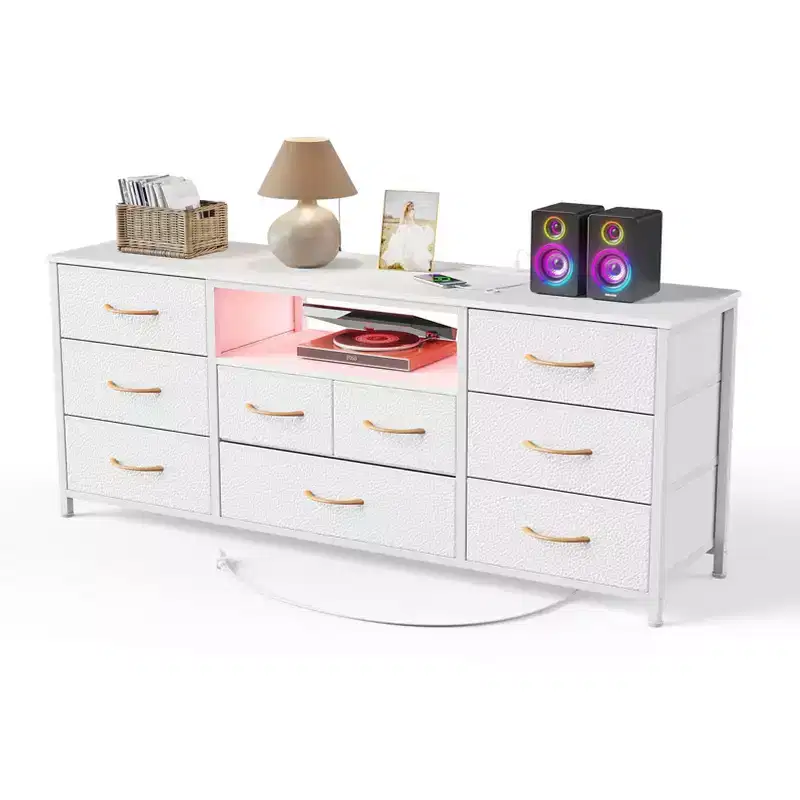 White 9 Drawer Dresser TV Stand for 65 Inch TV with Charging Station LED Lights Media Console 55 Inch Wide Bedroom Storage Chest Entertainment Unit