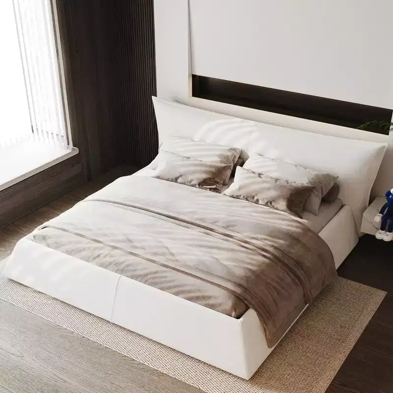King Size Upholstered Platform Bed, Metal & Solid Wood Bed Frame with Special Shaped Velvet Headboard