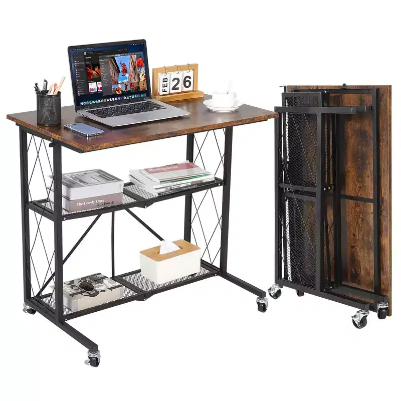 1.5 Inch 3Tier Foldable Desk with Wheels - Large Capacity Metal Wire Shelf Rack, No Assembly Organizer for Study Kitchen Living Room Balcony