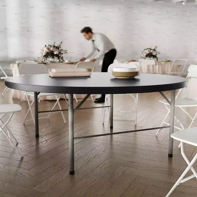 5.89-Foot Round Bi-Fold Plastic Banquet and Event Folding Table with Carrying Handle