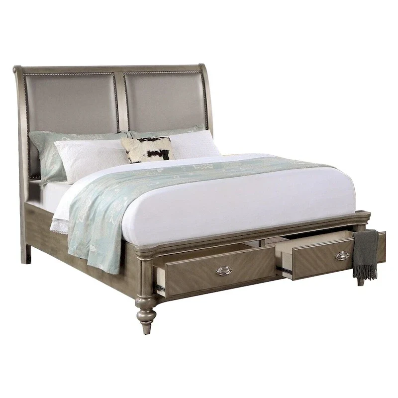 Ella Modern King Size Bed, Faux Leather Upholstery, 2 Storage Drawers, Gold