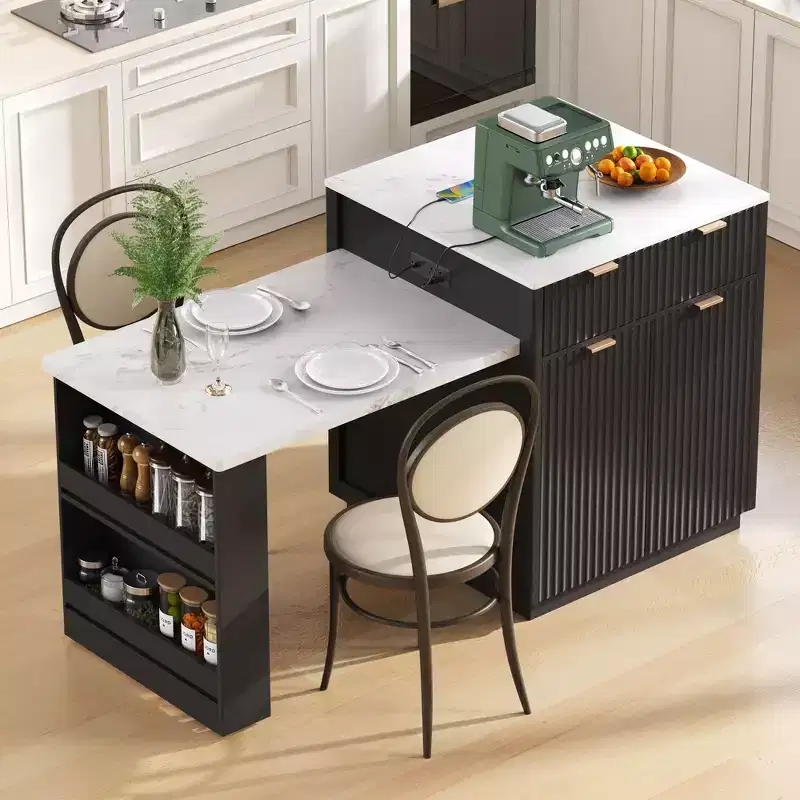 Fluted Kitchen Island with Extendable Table, Power Outlet & Double-Side Storage