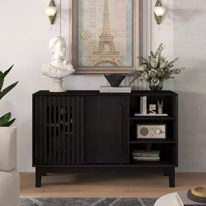 47-Inch Mid-Century Modern Sideboard and TV Stand, Buffet Storage Cabinet with Sliding Slat Door and Solid Wood Legs