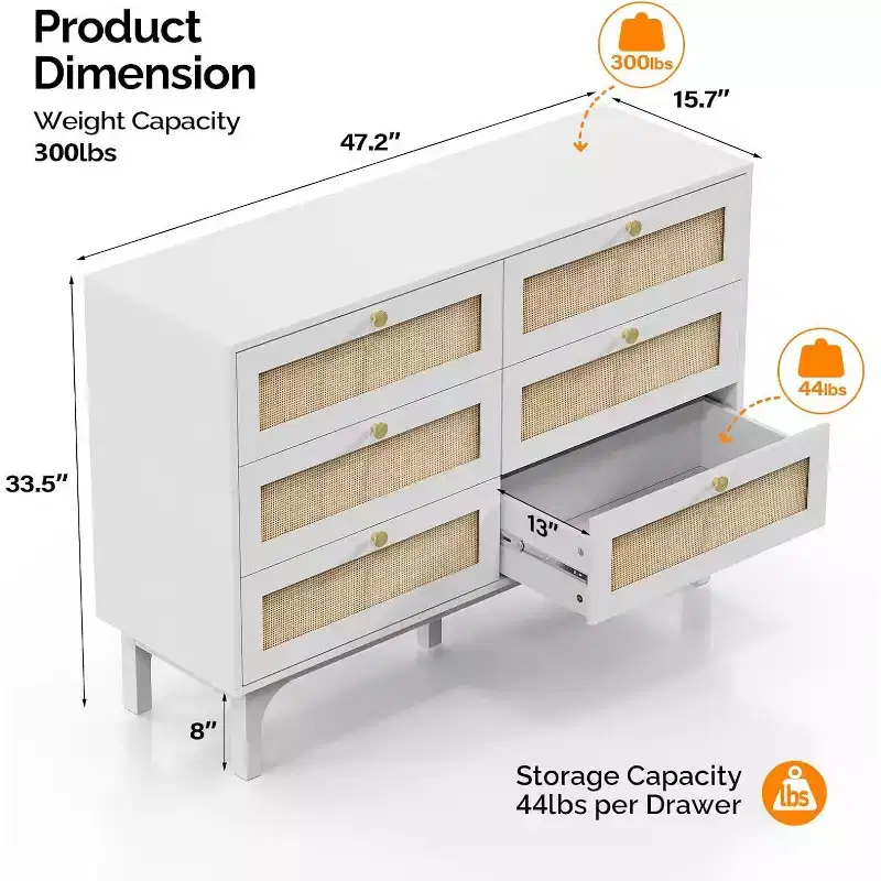 White Dresser 6 Drawer, 47.2 W Rattan Boho Dresser