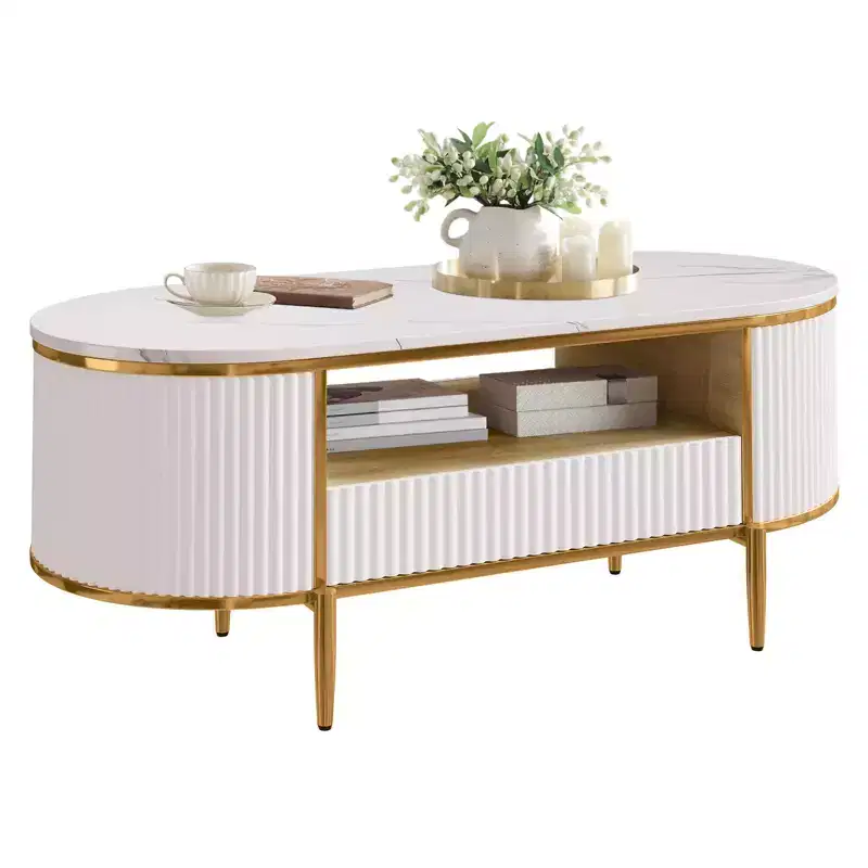 48'' Modern Faux Marble Top Oval Coffee Table with Drawer , Curved Profile Center Table with Storage