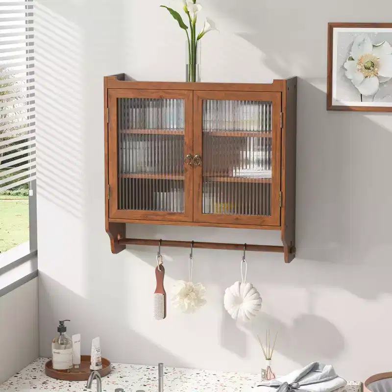 MAYEERTY 24.8 Double Glass Door Vintage Kitchen and Dining Cabinet with Three Three Tiers Towel Rack for Kitchen Dining Room Brown