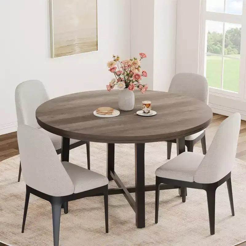 Round dining table, modern industrial-style kitchen table, sturdy metal base
