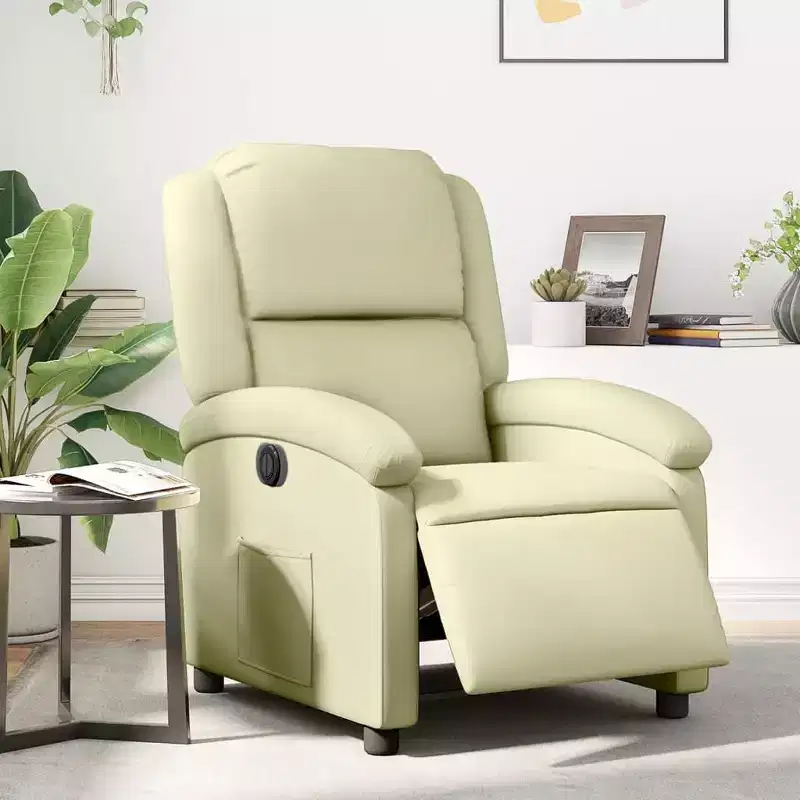 vidaXL Cream Electric Recliner Chair - Real Leather, Motorized Backrest/Footrest, Wood/Metal Frame, Foam Padded, Elderly-Friendly Armchair.