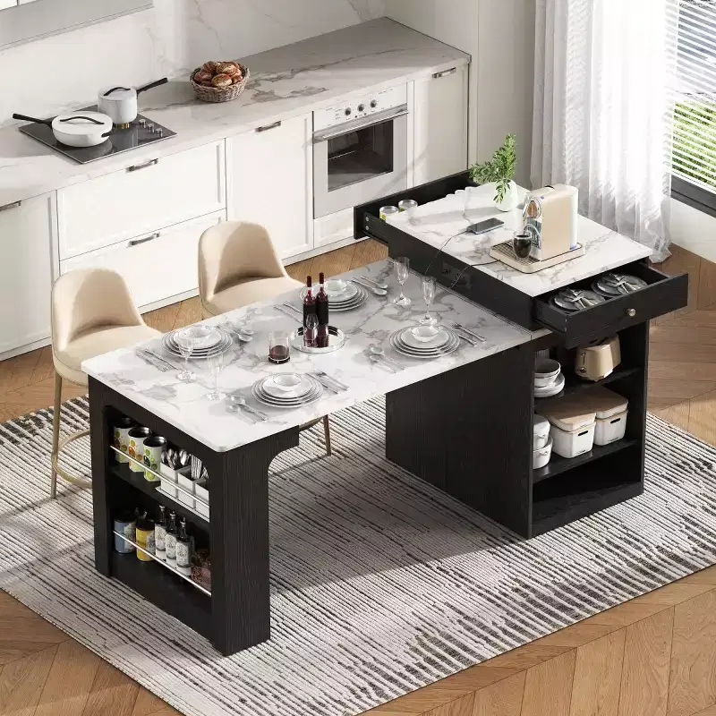 Modern Kitchen Island with Extendable Dining Table, Space-Saving Kitchen Storage Table for Kitchen or Dining Room-Panipeachy