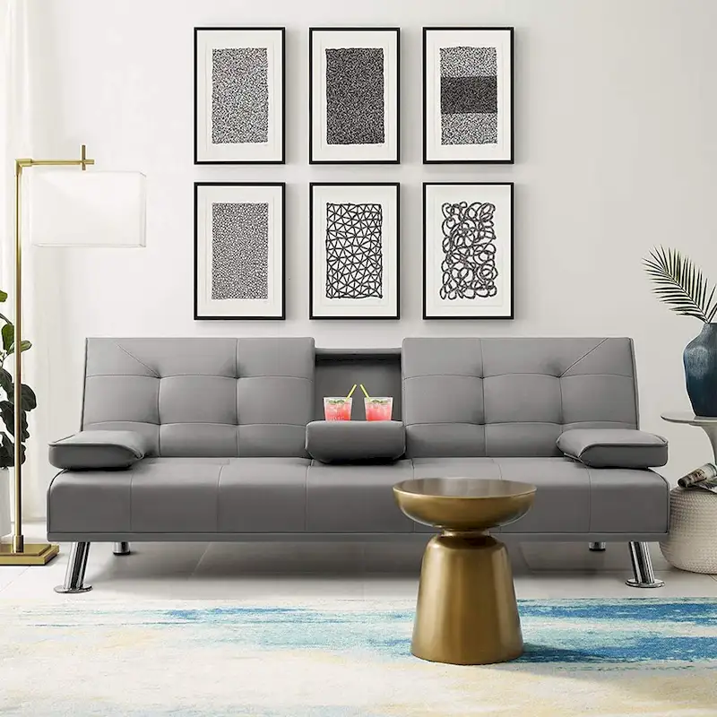 Furniwell Modern Faux Leather Futon with Cup Holders & Pillows, 65