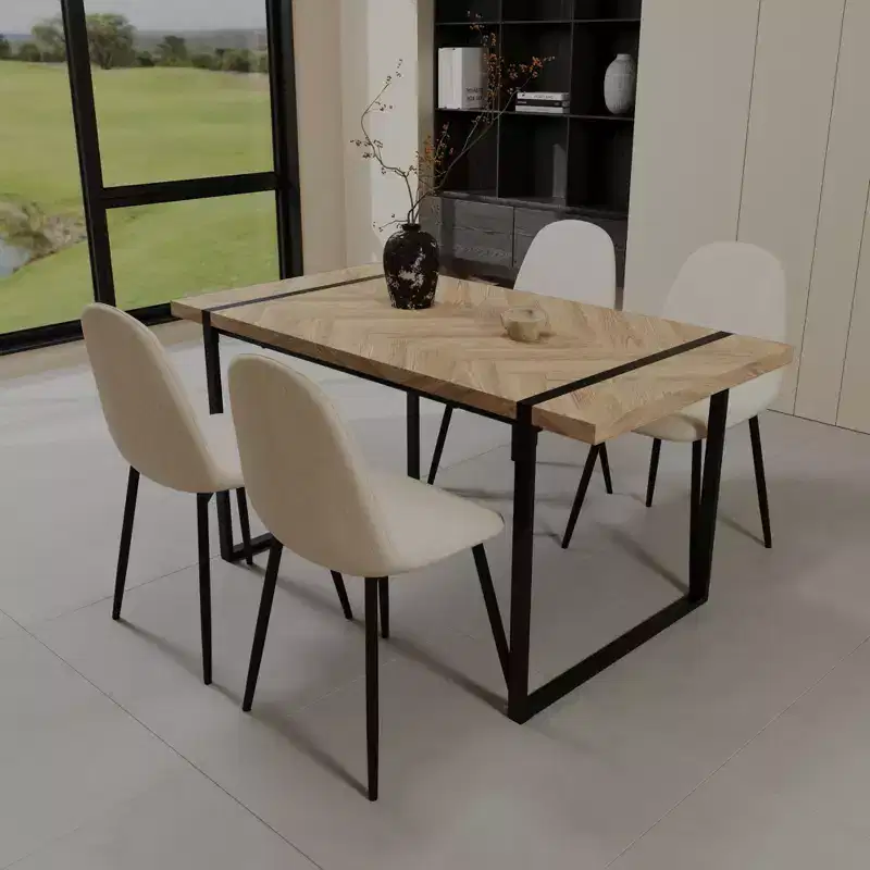 GDFStudio Kavya Modern 5 Piece Wood and Metal Dining Table Set with 4 Suede Leather Upholstered Chairs