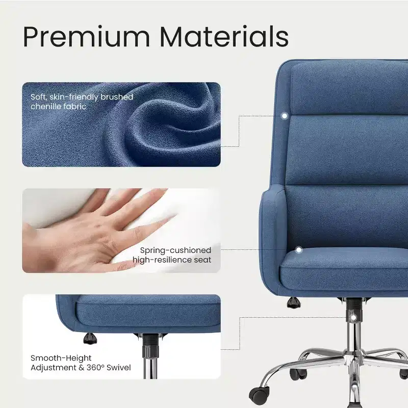 Adjustable Office Chair with 360 Swivel, Premium Chenille Upholstery, Spring-Foam Cushion, and Quiet Rollerblade Casters