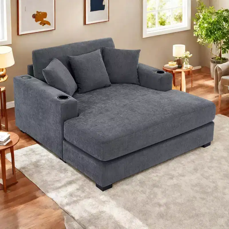 Modern Chenille Chaise Lounger with Charge Station, Cup Holders & Washable Cushions
