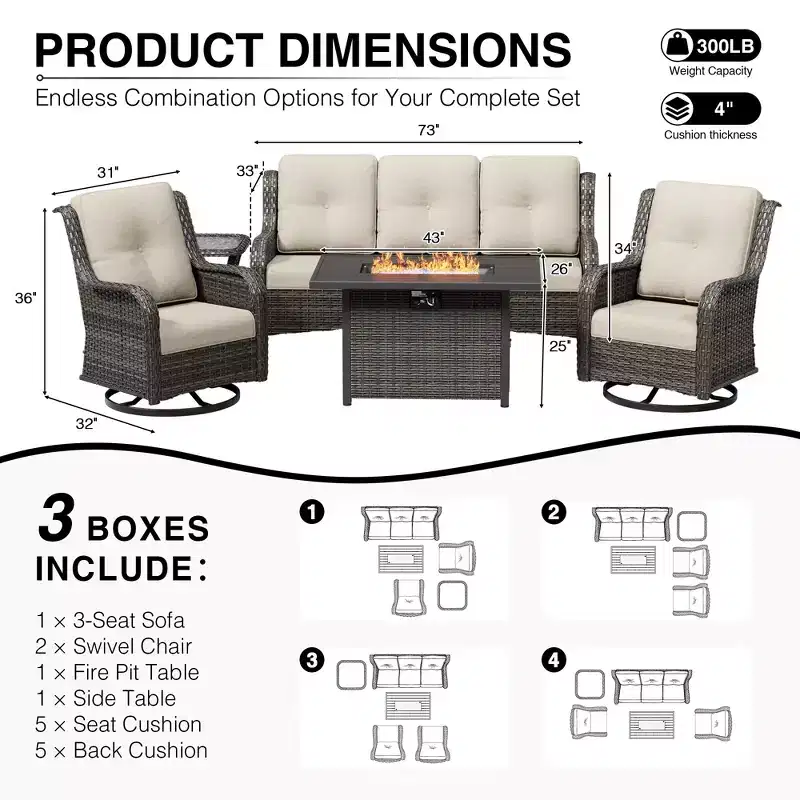 UPTIOT Premium 3-Seat Outdoor Sofa Set with Fire Pit & Swivel Chairs