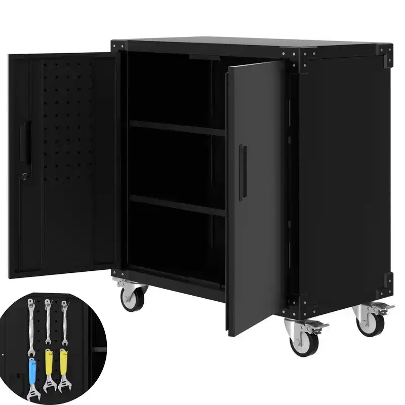 Tool Cabinet, 35.4 inch Metal Storage Cabinet with Wheels and Lock for Garage, Black
