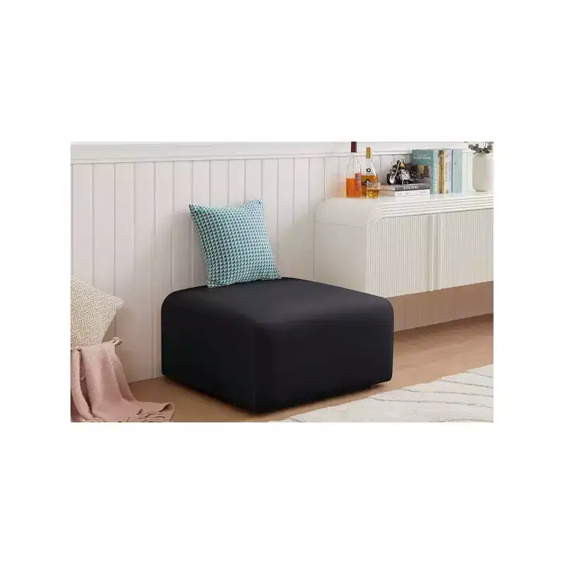 Round Velvet Ottoman - Black, Modular Upholstered Footrest for Living Room