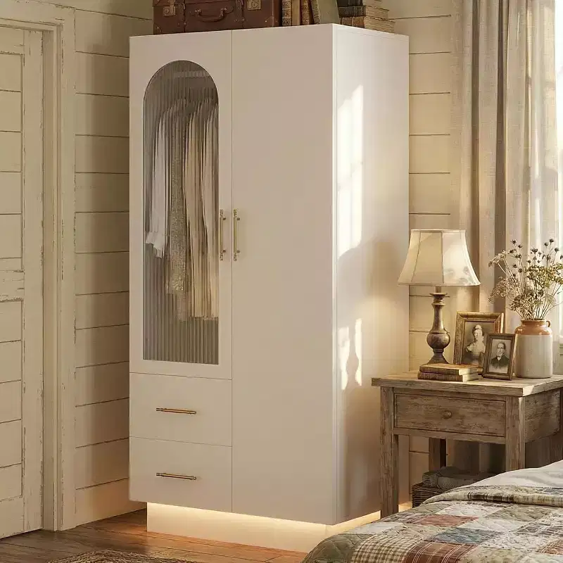 71 Tall Storage Cabinet with LED Light & 3 Door, Large Wooden Storage Closet Cabinet with 2 Drawers, for Large Space,Bedroom