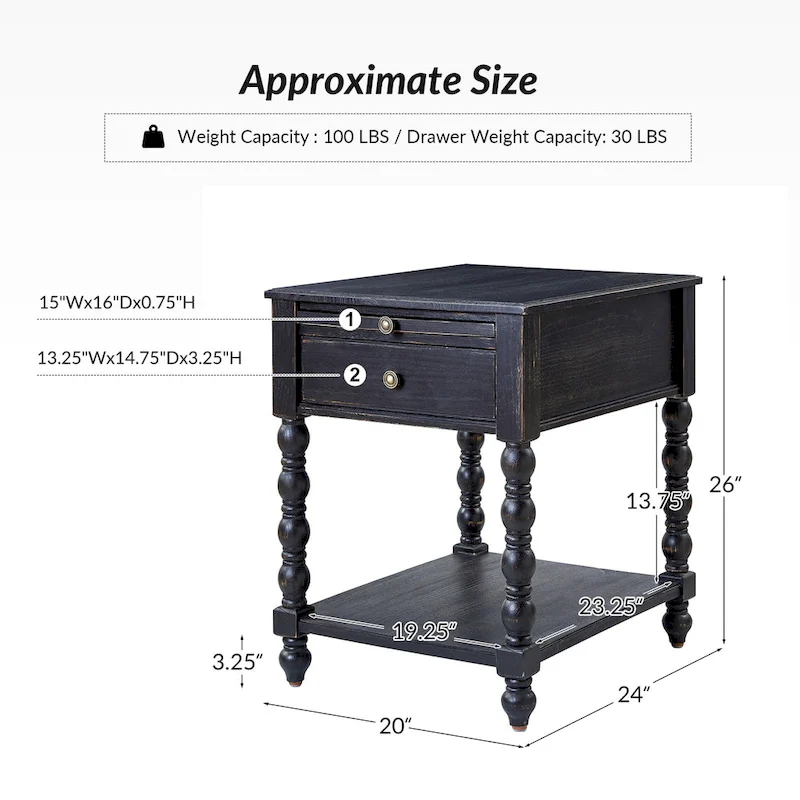 Eric Traditional 26 Tall Solid Wood End Table with USB Set of 2by HULALA HOME