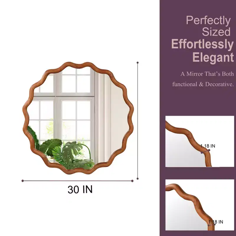 30 Wavy Round Solid Wood Frame Decorative Mirror Modern Farmhouse Wall Mirror For Bedroom Bathroom Living Room Entryway Brown