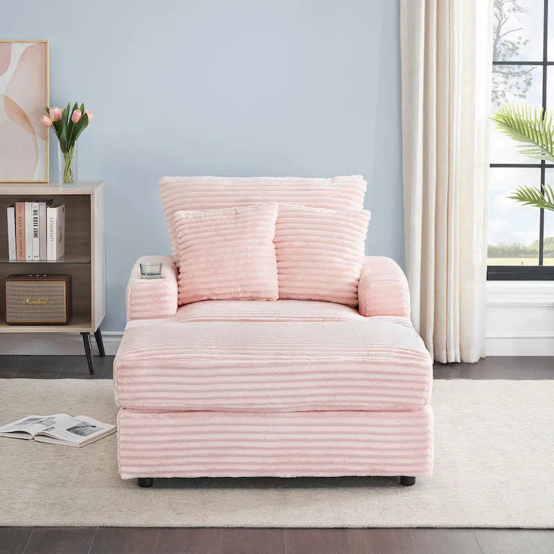 Pink 39.37 Corduroy Single Armchair Sofa with Ottoman, Cup Holder