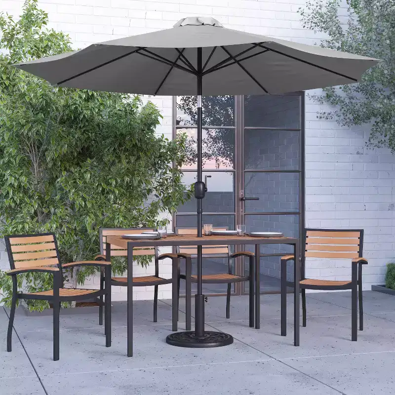 Merrick Lane 7 Piece Dining Set with Umbrella & Base - Steel Framed Table with Umbrella Hole & 4 Club Chairs