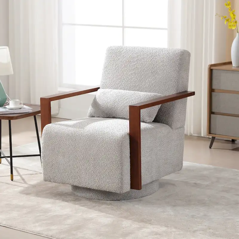 Mid-Century Boucle Upholstered Swivel Armchair With Pillow
