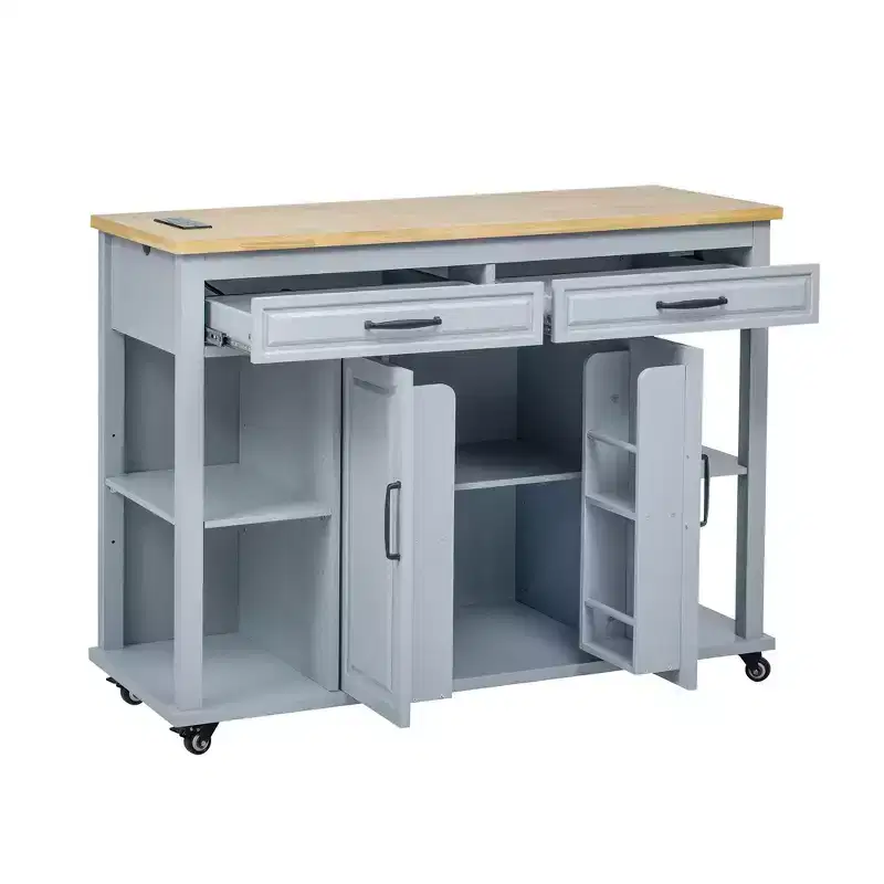 47 Kitchen Island with Extendable Dining Table Rubber Wood Veneer Kitchen Table with Storage Rack & Power Outlet & 2 Drawers 2 Cabinet Blue