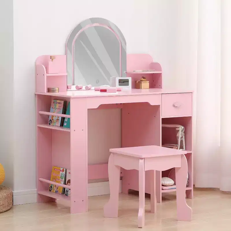 GustoWave 2 in 1 Kids Vanity Table & Stool with Mirror, Bookshelf and Makeup Palyset