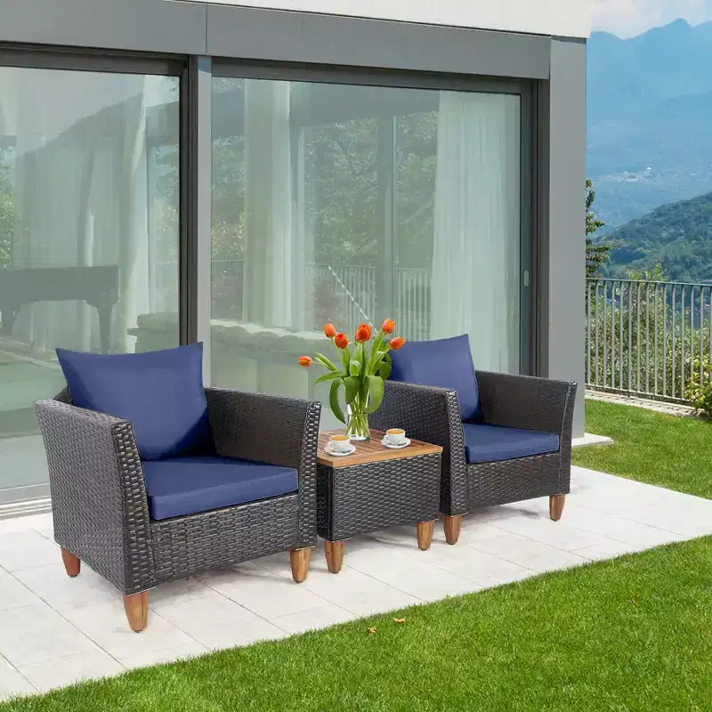Costway 3PCS Patio Wicker Rattan Sofa Set Furniture Acacia Wood Conversation Grey/Red/Turquoise/Navy/Black/Mix Brown