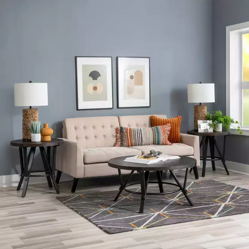 Wood Top and Charcoal Gray Metal Round Coffee and Side Table Charcoal Brown: Rustic Living Room Furniture