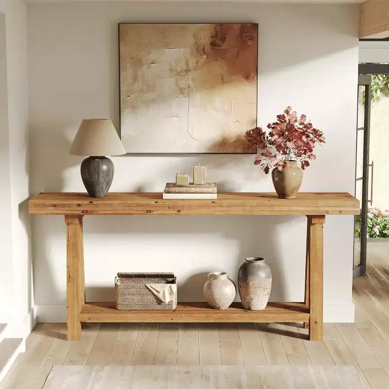 Lantine 70.9-Inch Solid Wood Console Table, Farmhouse Long Sofa Table with Shelves for Entryway, Living Room, Hallway, Foyer