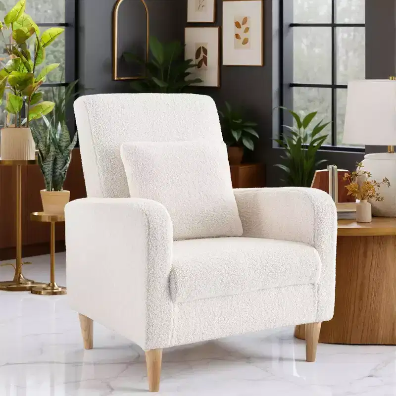 Faux-Shearling Accent Chair with Pillow, Modern Comfy Armchair with Ergonomic Backrest and Padded Armrests