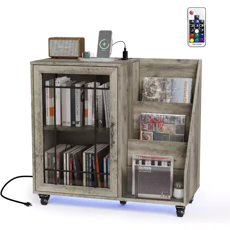 Record Player Stand with Vinyl Storage for 350+ Albums, LED Charging Station