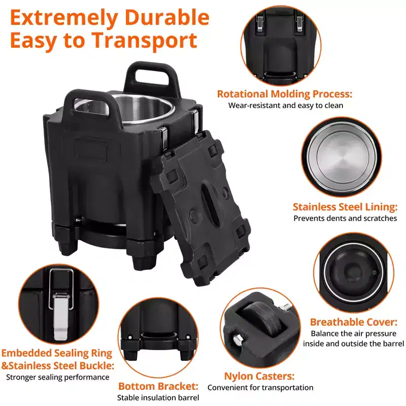 Food Insulated Bucket 20L with Directional Casters, Spoon Included, Base Support, Durable Stainless Steel Lining