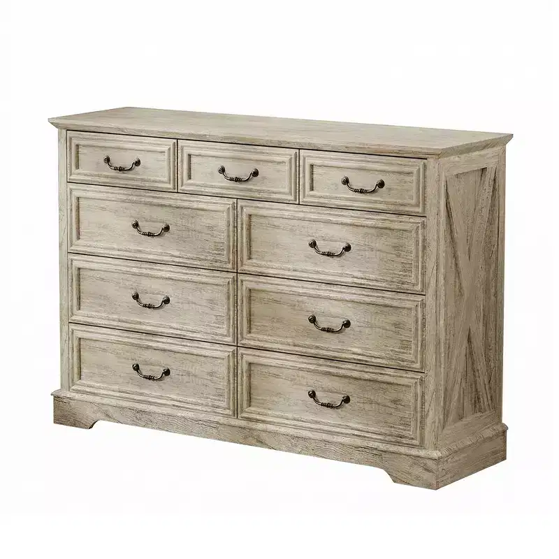 Dyonery 9-Drawer Farmhouse Dresser, 52 Wide Rustic Chest with Wood Top, Ample Storage & Metal Handles, Bedroom Organizer & TV Stand