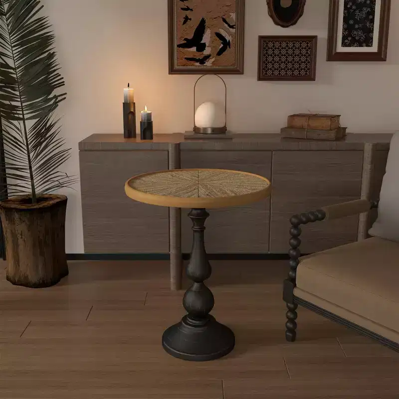 French Country Round Accent Side Table, Wooden Pedestal End Table for Living Room or Bedroom