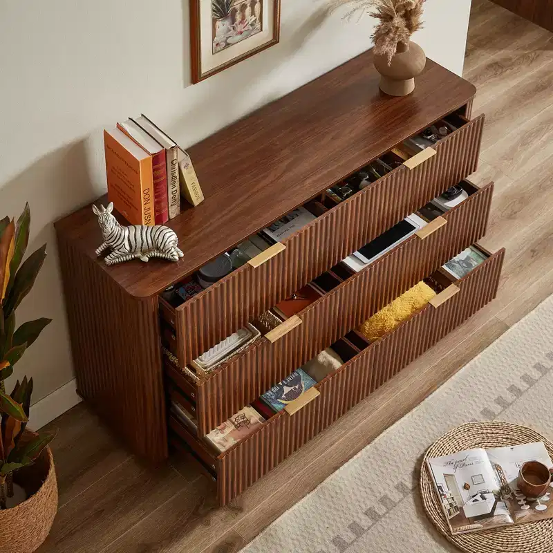 JVNOXK 55-inch Modern 6-Drawer Dressing Table, Curved Wave Design, for Bedroom or Living Room, Wooden Storage Cabinet, Walnut