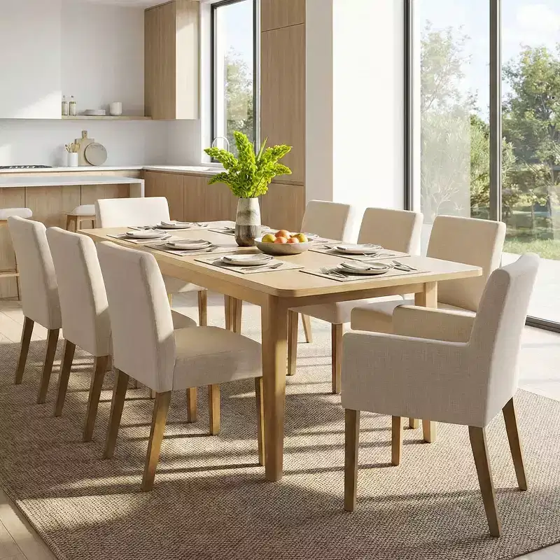 9-Piece Dining Table Set with Leaf, Includes 6 Armless Chairs and 2 Armchairs in Neutral Linen, Solid Wood Legs, Modern Style-Panipeachy