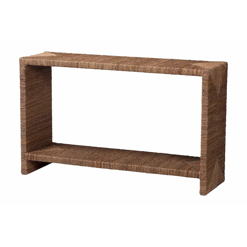 Bohemian Natural Seagrass & Acacia Wood Console Table, Open Shelf, Handcrafted, Made in Indonesia