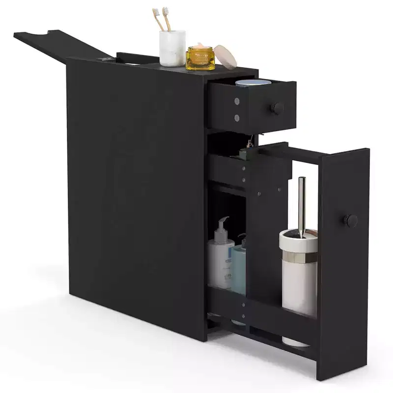 Bathroom Floor Cabinet Toilet Narrow Storage Organizer with Flip Top Black