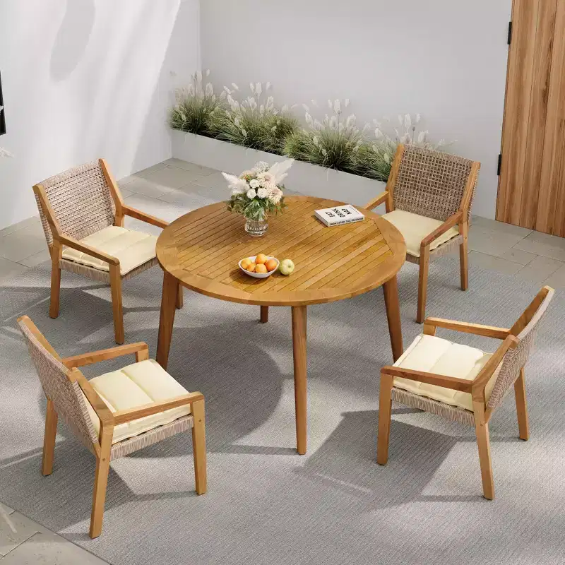 NAYSAYE Patio Dining Sets Outdoor Acacia Wood Table with Wicker Chairs and Cushions for Garden Patio, Brown and Cream, 23.5*21.25*32