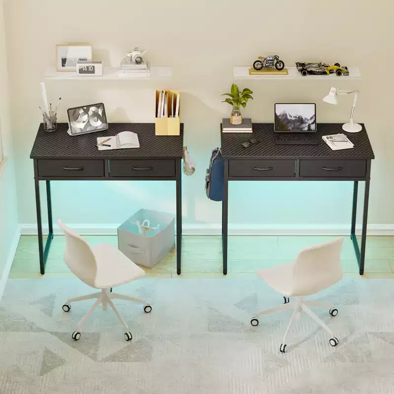 Pinmoco 32 inch Writing Desk with 2 Fabric Drawers & RGB LED Light, Small Computer Desk with Hanging Hook for Small Spaces