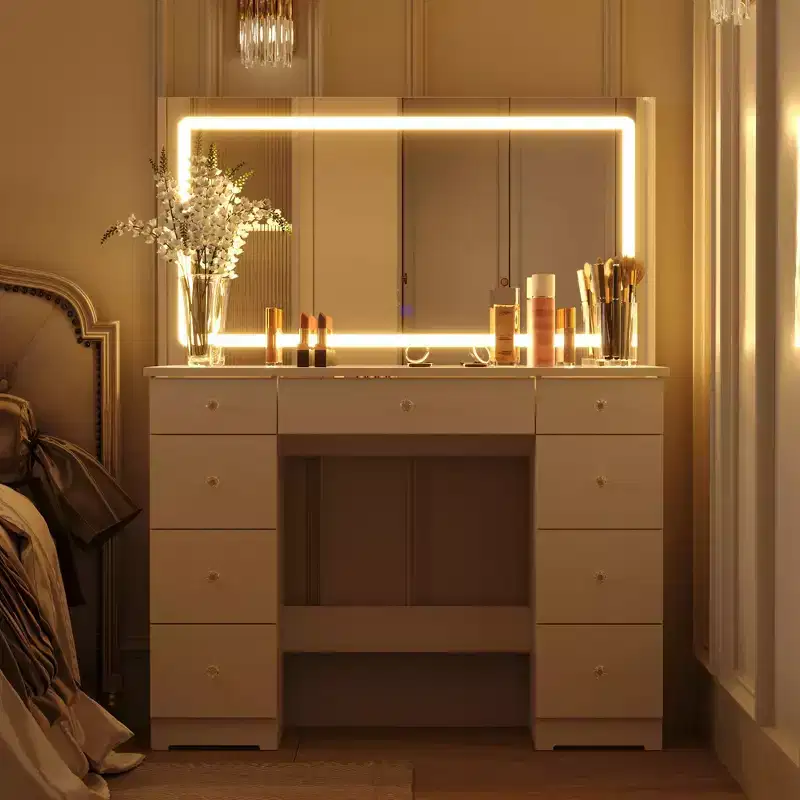 Elegant White Vanity Table with Large LED Mirror, Glass Top & Multiple Drawers – 55