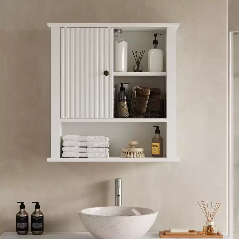 Medicine Cabinet with Fluted Sliding Door, Bathroom Cabinet Wall Mounted with Adjustable Shelves, Over the Toilet Storage, TSCA & EPA, White