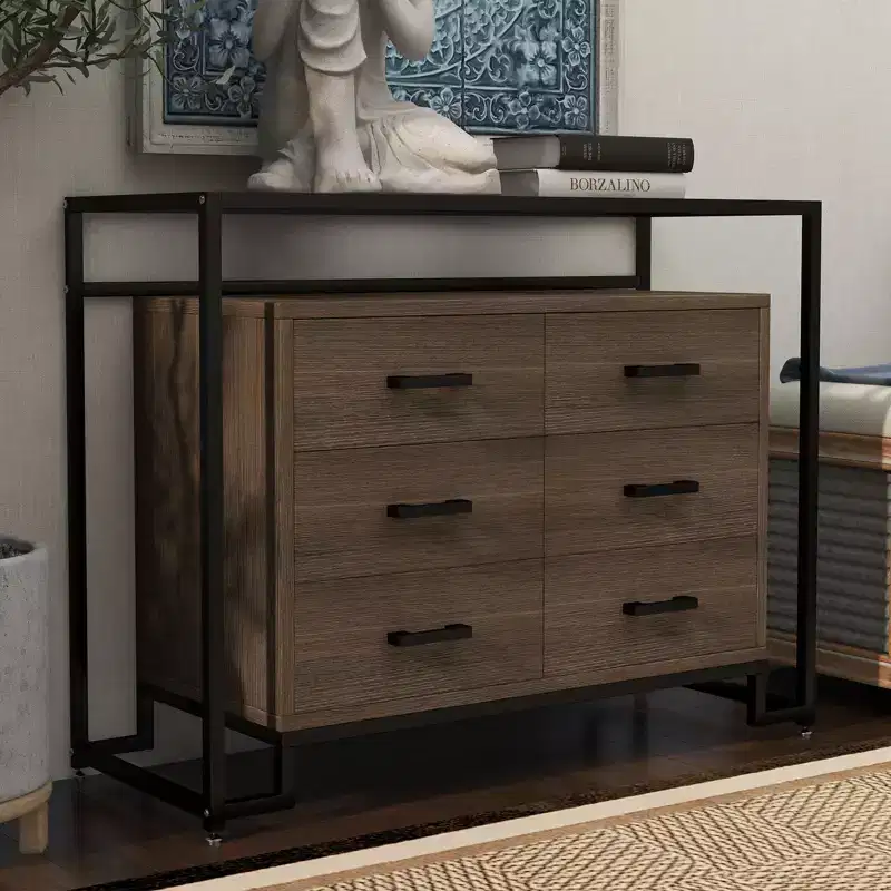 6 Drawers Dresser, Steel Tempered Glass Triamine Board Raised Bottom Six Drawer Storage Cabinet  for Living Room Bedroom