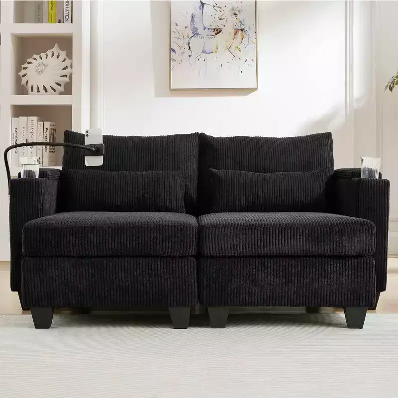 Convertible Chaise Loveseat Sofa Bed, Corduroy Sleeper Sofa with Ports and Two Cup Holders, Black