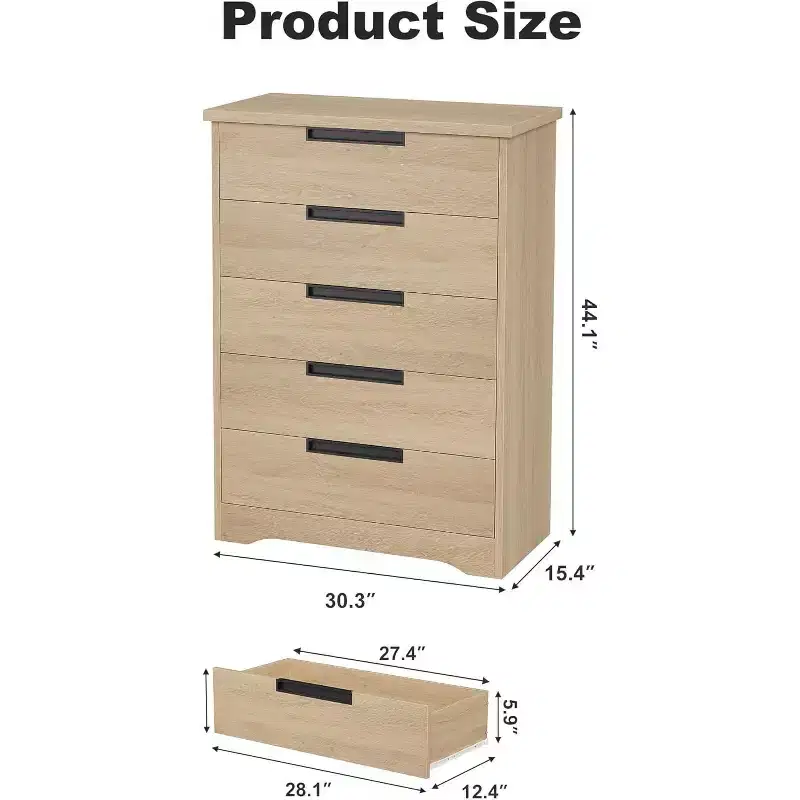5 Drawer Dresser for Bedroom, Natural Chest of Drawers with Embedded Handles, Wooden Dresser Organizer for Living Room, Nursery, Hallway